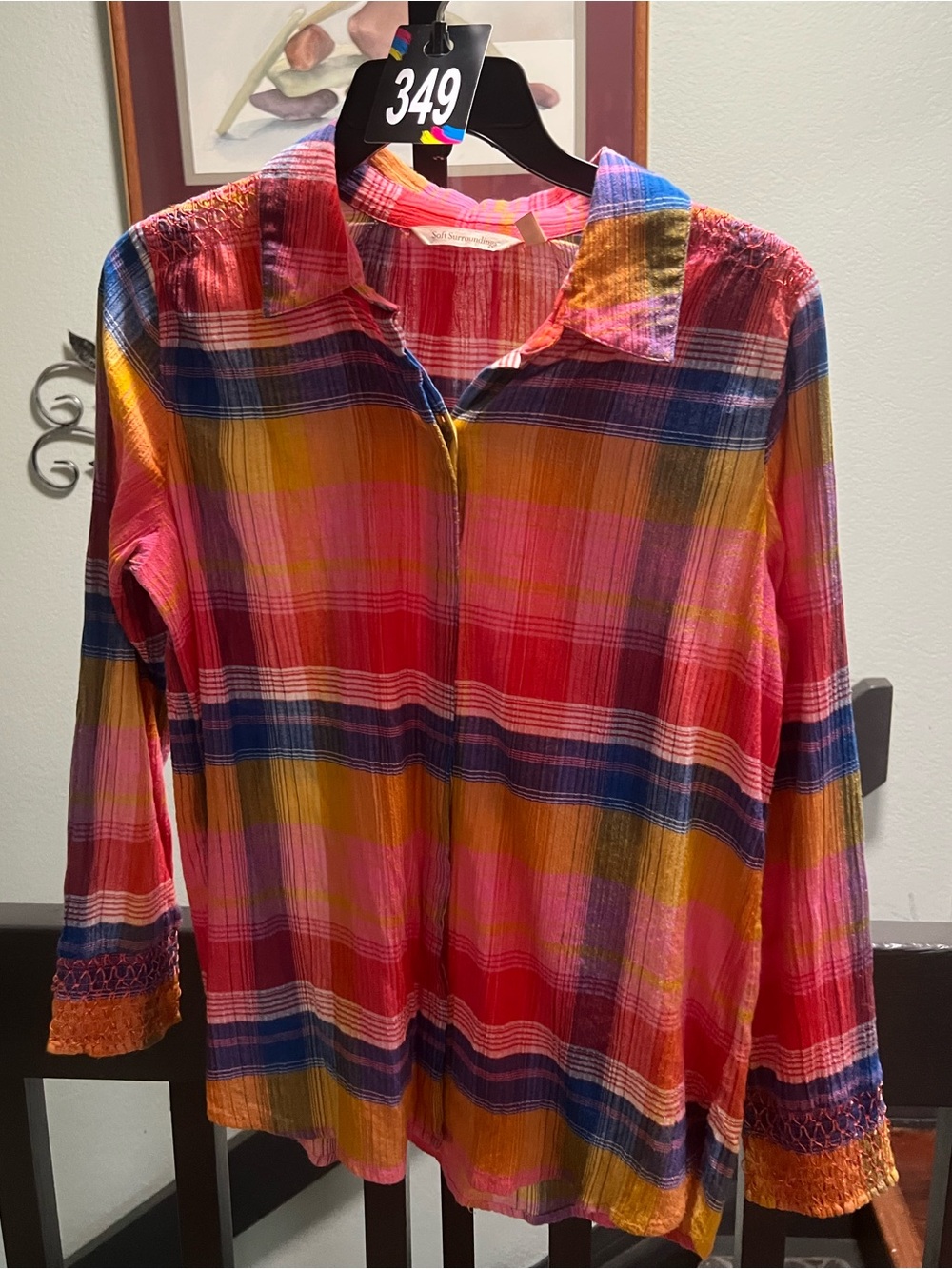 Soft Surroundings Multicolor Plaid Button-Down Shirt - Pink, Yellow & Blue #349